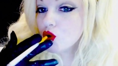 Slutty Blonde Smoking In Gloves