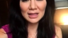 Busty curly brunette with big boobs fucks on couch
