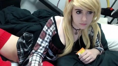 Blonde teen in stockings sucks two cocks
