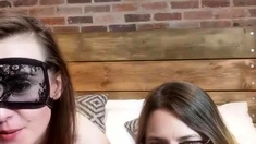 Blonde and brunette lesbians stripping and making out