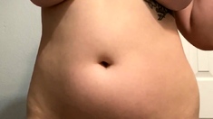 Busty curly brunette with big boobs fucks on couch