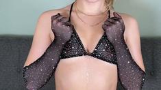 Blonde teen slut plays with a toy banana