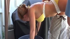 Blonde Chikita shows off her big boobs and bush