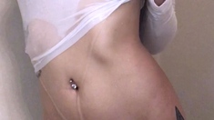 Amateur busty brunette masturbates and does hand job