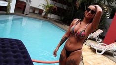 Beautiful Brunette Big Boobs Rides Fake Cock