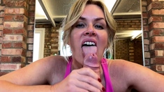 Blonde schoolegirl babe with small boobs does blowjob in pov